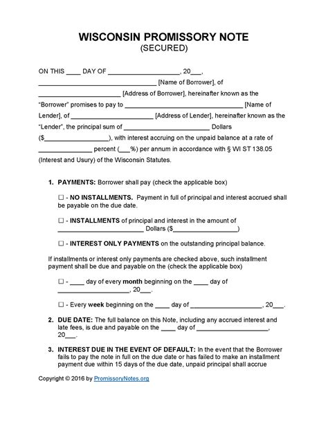 Promissory Note Template Wisconsin